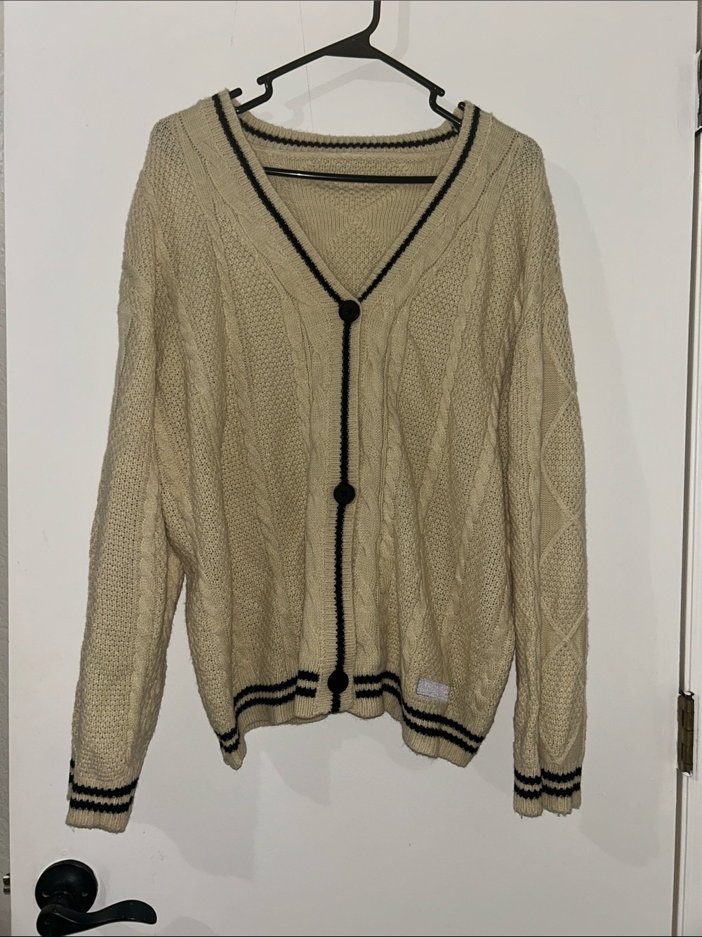 Cream Cable-Knit Cardigan with Black Trim